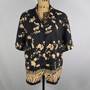 Vtg Joan Leslie Womens Blouse 18W Floral Zebra Print Button Up Short Sleeve